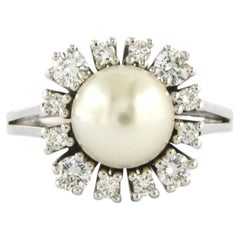 Bague avec perle et diamants taille brillant jusqu'à 0,52ct Or blanc 14k 5,8 grammes