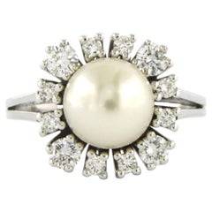 Ring with pearl and brilliant cut diamonds up to 0.52ct 14k white gold 5.8 grams