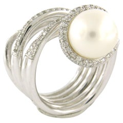 Ring with pearl and brilliant cut diamonds up to 1.00ct - 24.5 gram - 18k gold