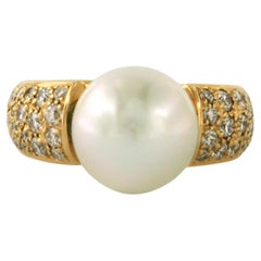 Bague avec perle et diamants taille brillant jusqu'à 1,10ct Or jaune 18k