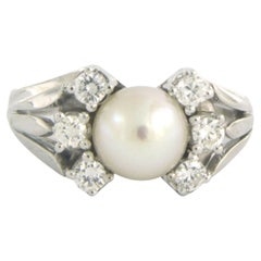 Ring with pearl and diamonds 14k white gold