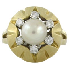 ring with pearl and diamonds 18k bicolour gold
