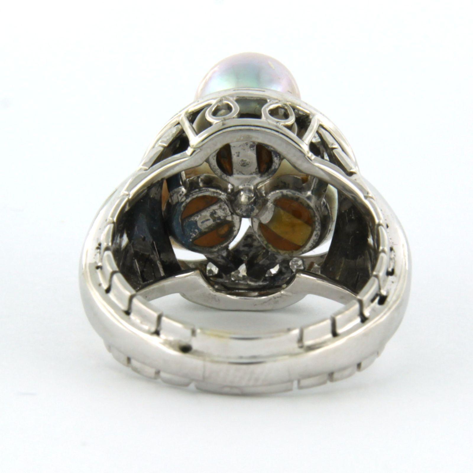 Old Mine Cut Ring with pearl and diamonds 18k white gold For Sale