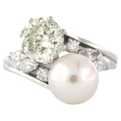 Ring with pearl and diamonds up to 1.90ct 18k white gold 5.8 grams