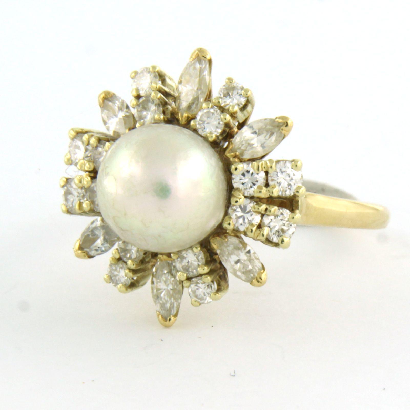 Anillo con perla y diamantes talla marquesa y brillante hasta 1,25ct Oro de 14k en Excelente estado para la venta en The Hague, ZH