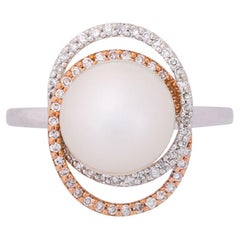 Ring with Pearl and Octagonal Diamonds Total Approx. 0.5 Ct,