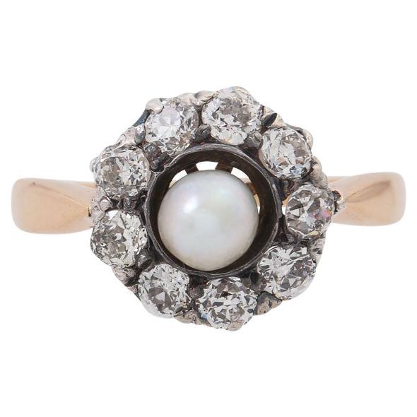 Ring with Pearl and Old European Cut Diamonds For Sale
