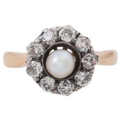 Ring with Pearl and Old European Cut Diamonds