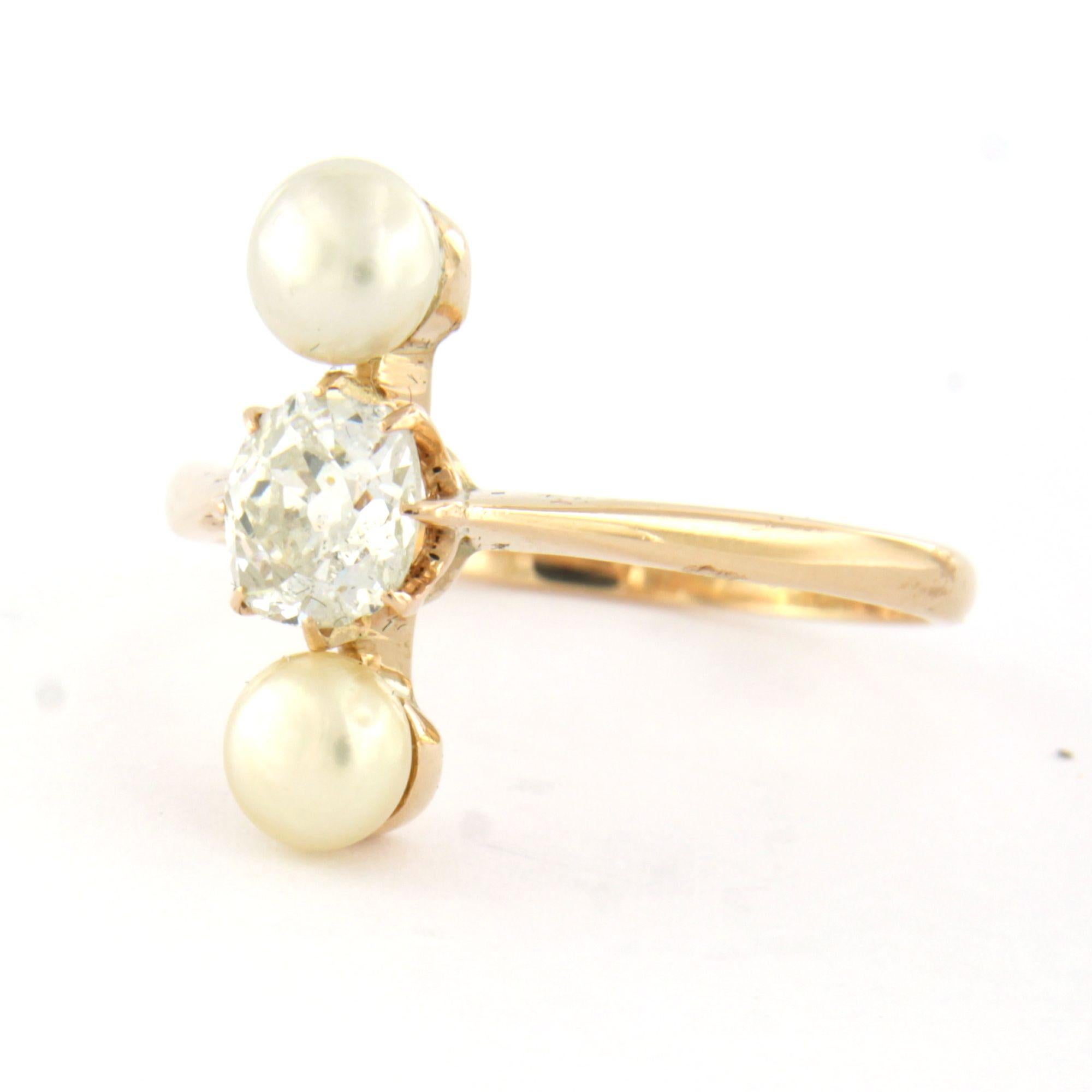 Début de l'époque victorienne Bague avec perle et diamant taille ancienne jusqu'à 0,80ct or jaune 14k en vente