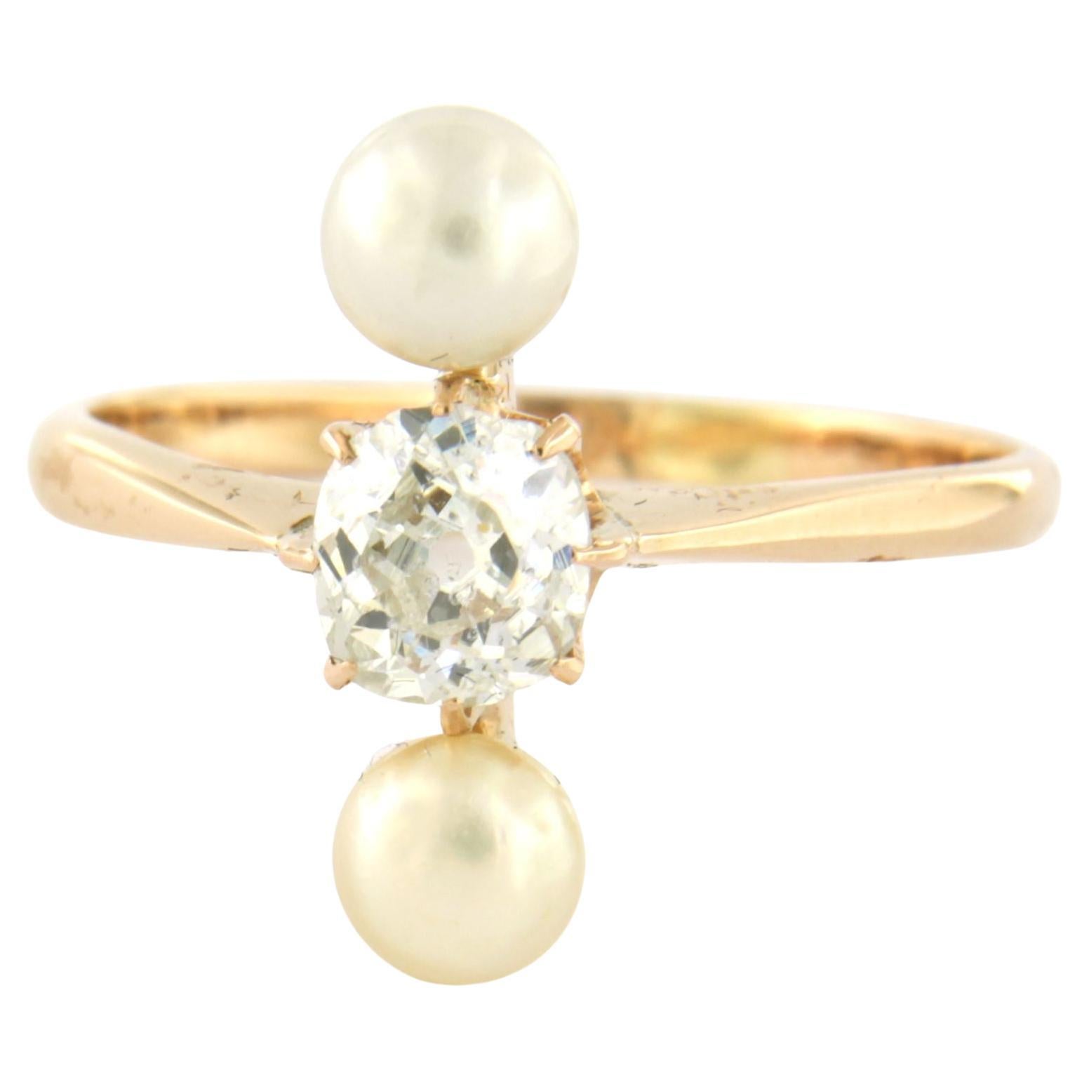 Bague avec perle et diamant taille ancienne jusqu'à 0,80ct or jaune 14k