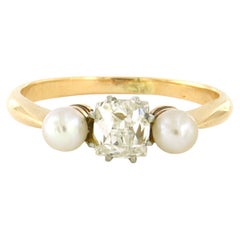 Bague avec perle et diamant taille ancienne jusqu'à 0,98ct Or 14k et platine