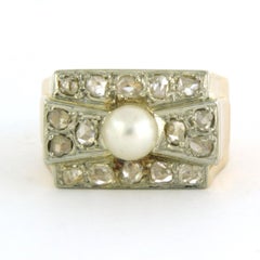 Ring with pearl and rose cut diamond 0.20 ct, 18k bicolour gold 8.4 grams