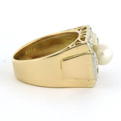 Ring with pearl and rose cut diamond 0.20 ct, 18k bicolour gold 8.4 grams