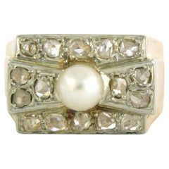 Ring with pearl and rose cut diamond 0.20 ct, 18k bicolour gold 8.4 grams