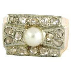 Ring with pearl and rose cut diamond 0.20 ct, 18k bicolour gold 8.4 grams