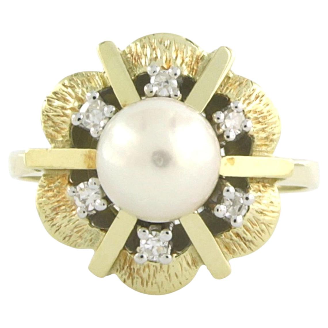 Ring with pearl and single cut diamonds up to 0.05ct 14k gold 4.1 grams