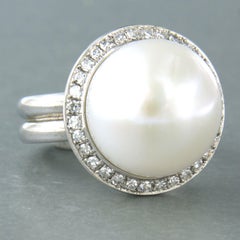 Ring with pearl and single cut diamonds up to 0.50ct 14.2 grams 18k white gold