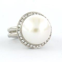 Ring mit Perle und Diamanten im Einzelschliff bis zu 0,50ct 14,2 Gramm 18k Weißgold