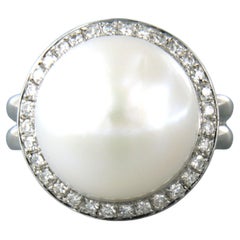 Ring with pearl and single cut diamonds up to 0.50ct 14.2 grams 18k white gold