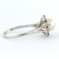 Anillo con perla, rubí y diamantes talla brillante 0,23 ct, oro 14k 3,1 gramos