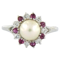 Ring with pearl, ruby and diamonds 14k white gold