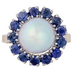 Ring with Pearl Surrounded by Fine Sapphires Total Approx. 1.1 Ct,