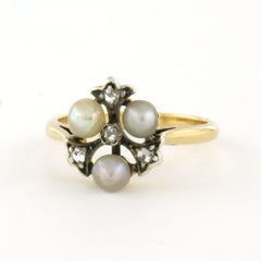 Ring with Pearls and old mine cut diamonds up to 0.15ct 14k gold and silver