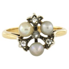 Ring with Pearls and old mine cut diamonds up to 0.15ct 14k gold and silver