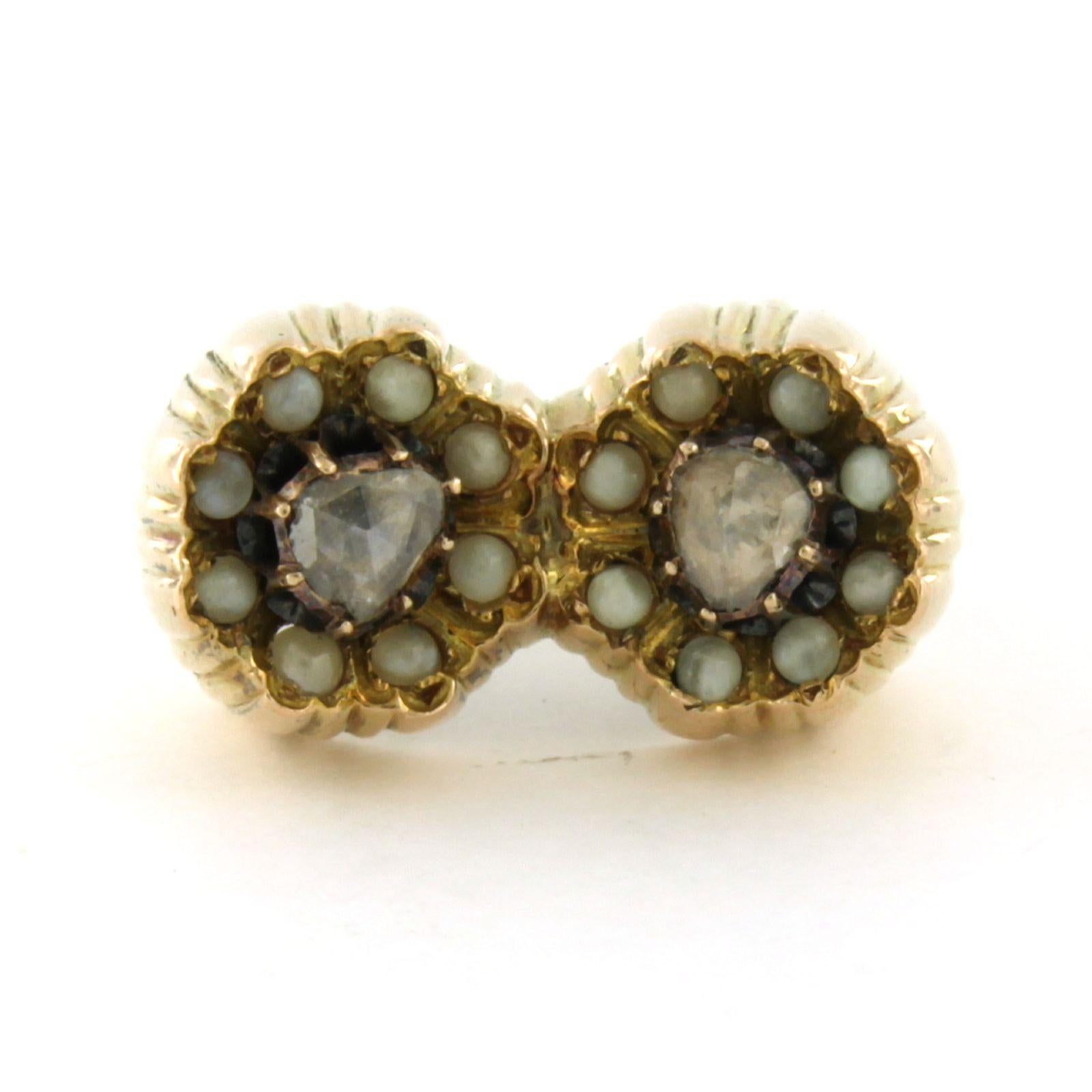 14k yellow gold ring set with pearls and rose diamond up to 0.20ct – G/H – SI – ring size US 7.25 - EU 17.5 (55)

detailed description:

The top of the ring is 1.1 cm wide by 8.2 mm high

Ring size US 7.25 - EU 17.5 (55), ring can be enlarged and