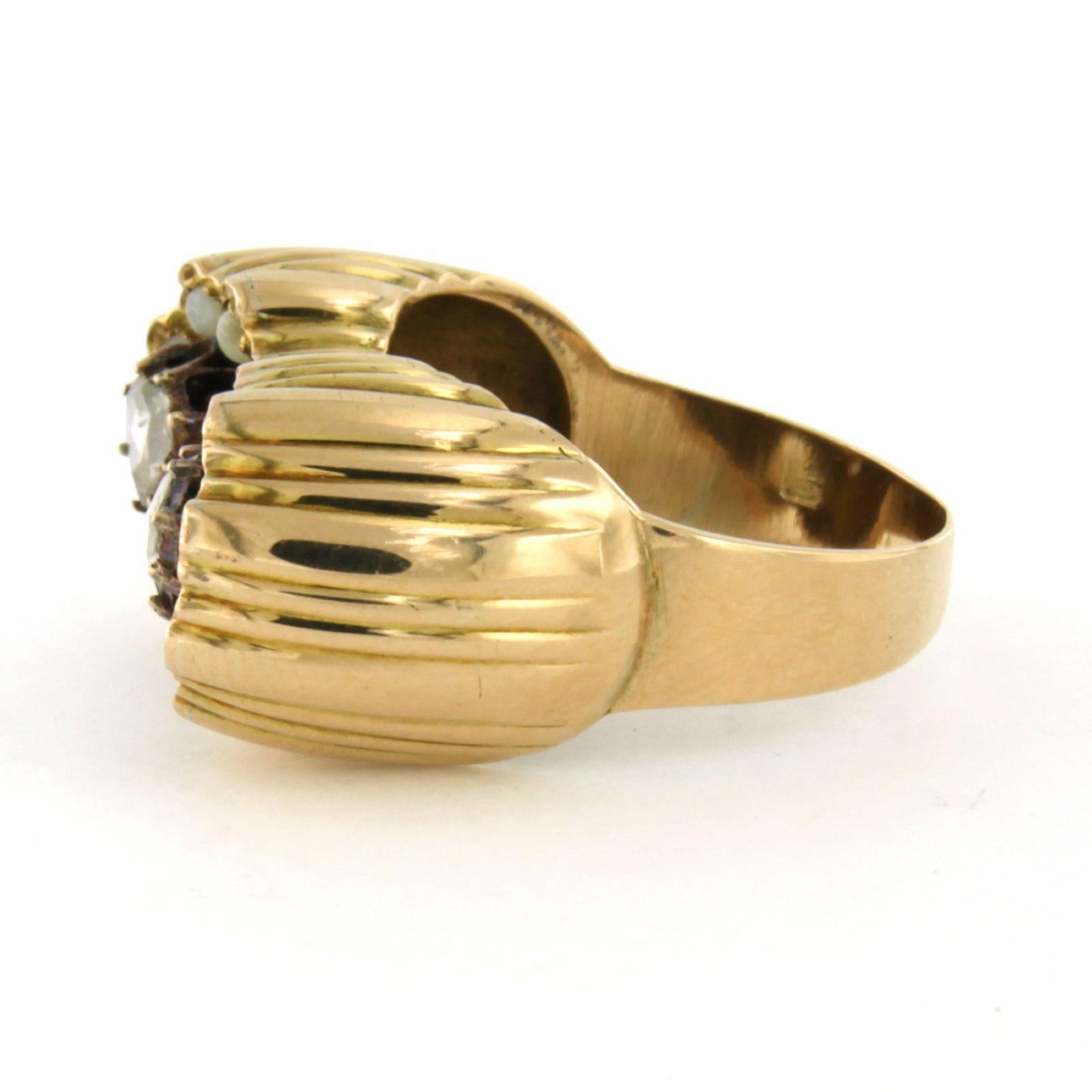 Taglio a rosa Ring with pearls and rose cut diamonds up to 0.20ct 14k gold 7.4 grams in vendita