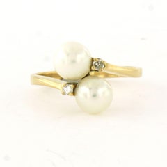 Ring mit Perlen und Diamanten im Einzelschliff bis zu 0,03ct 18k Gelbgold