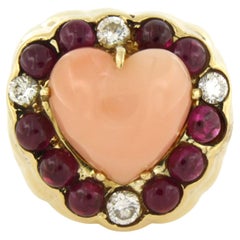 Ring with pink opal, ruby and brilliant cut diamonds up to 0.50ct 14k gold
