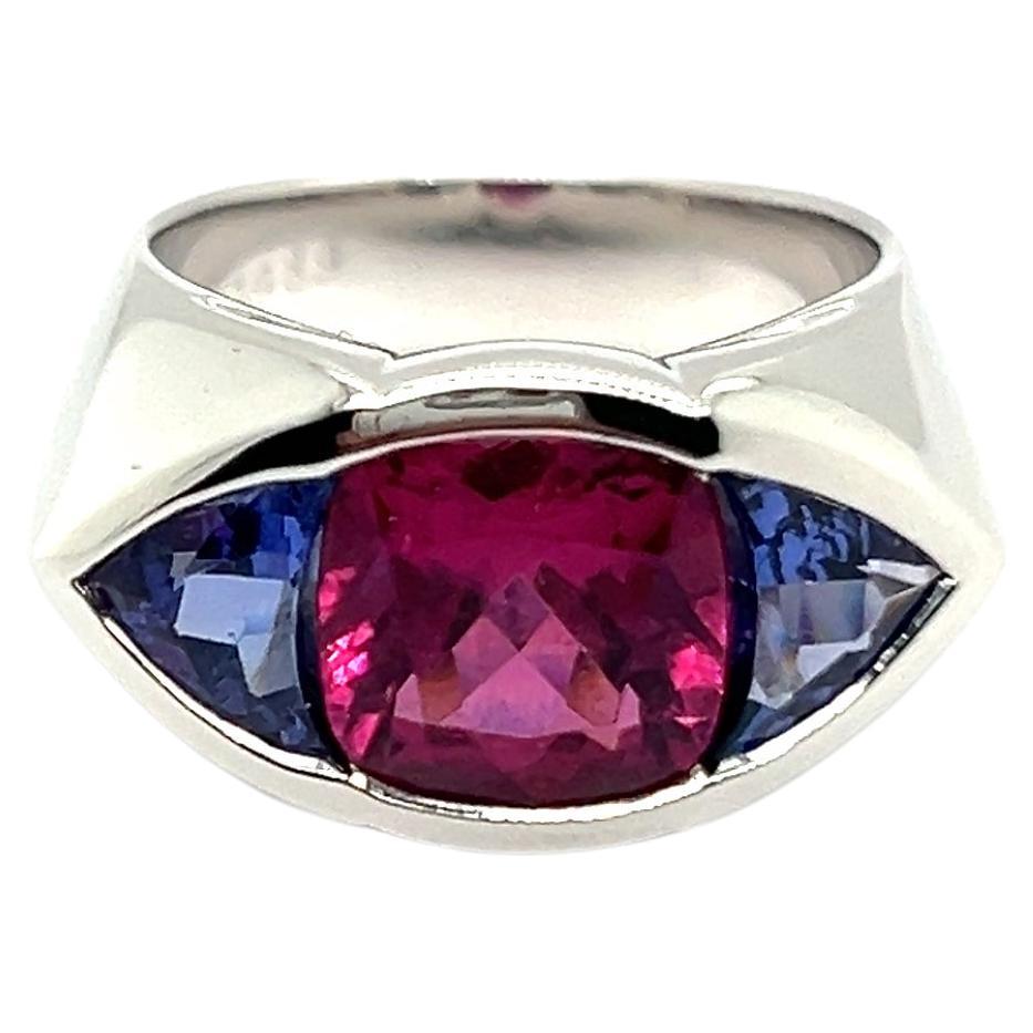 Crafted from 18 Karat white gold, this tourmaline and tanzanite ring highlights exquisite craftsmanship and timeless elegance. It is created by Swiss House Gübelin, renowned for its commitment to quality and sustainability in the jewelry industry.