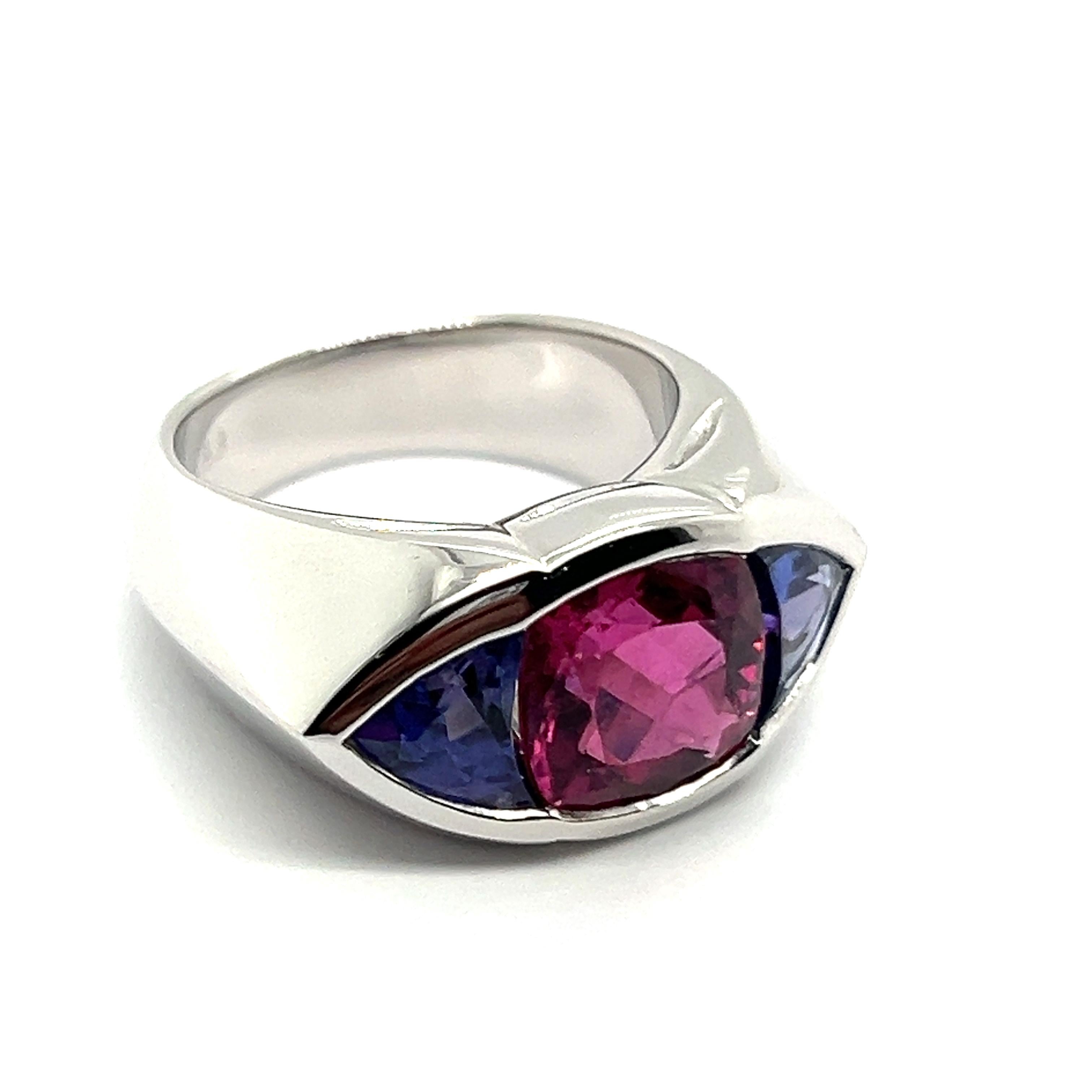 Cushion Cut Ring with Pink Tourmaline & Tanzanite in 18 Karat White Gold by Gübelin  For Sale