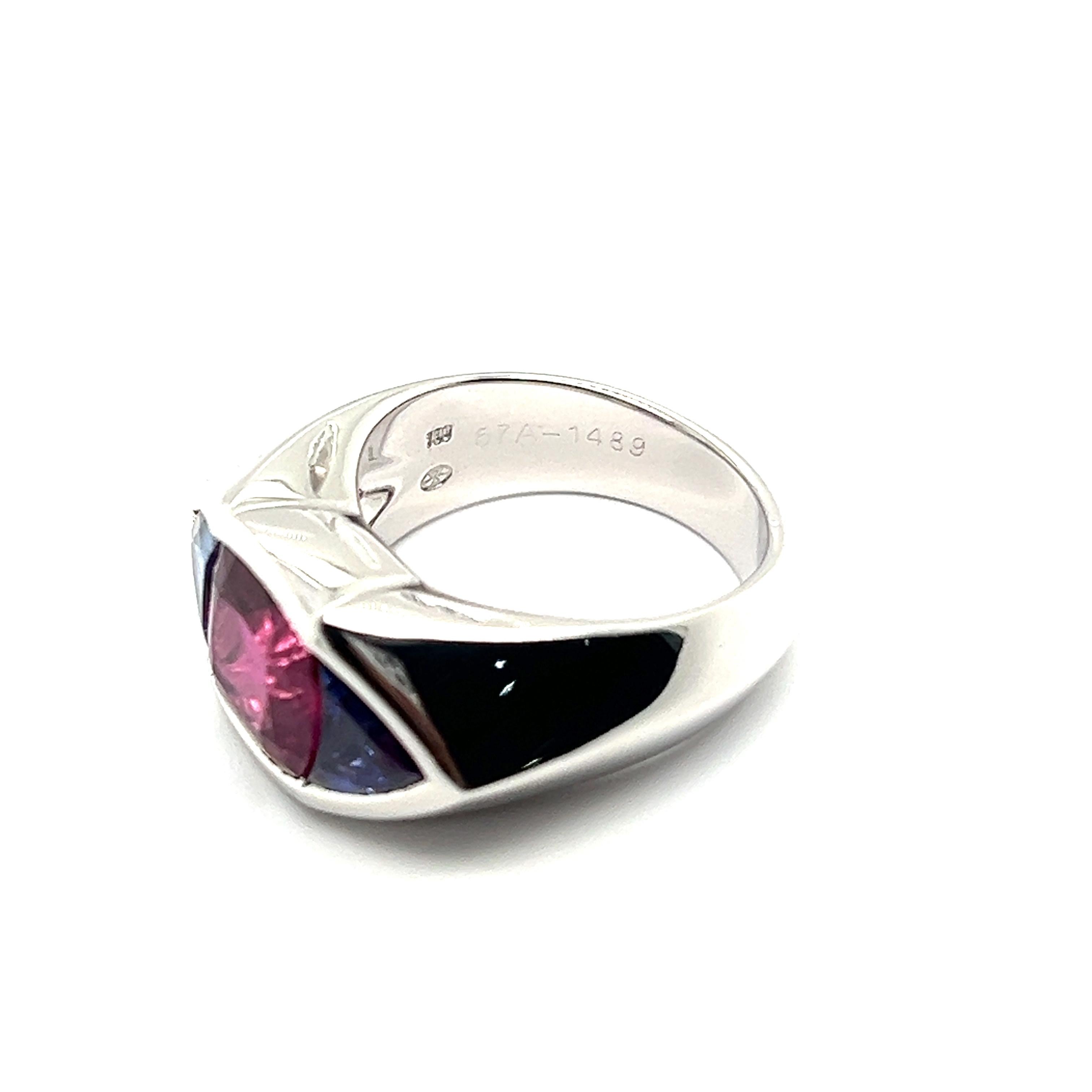 Women's or Men's Ring with Pink Tourmaline & Tanzanite in 18 Karat White Gold by Gübelin  For Sale