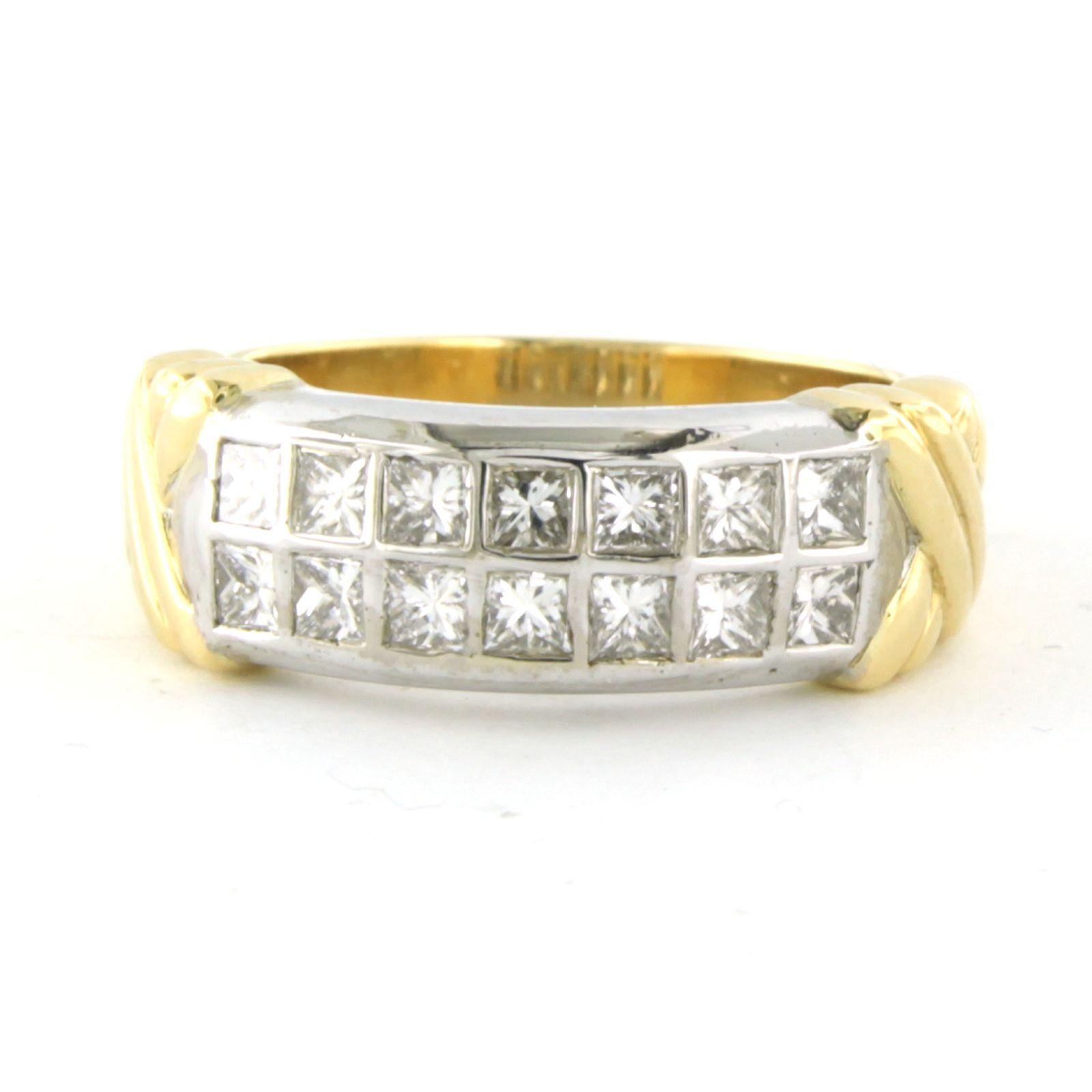 18k bicolor gold ring set with princess cut diamonds. 0.70ct - F/G - VS/SI - ring size U.S. 6 - EU. 16.5(52)

detailed description:

The top of the ring is 7.3 mm wide

weight: 7.7 grams

ring size U.S. 6 - EU. 16.5(52), the ring can be enlarged or