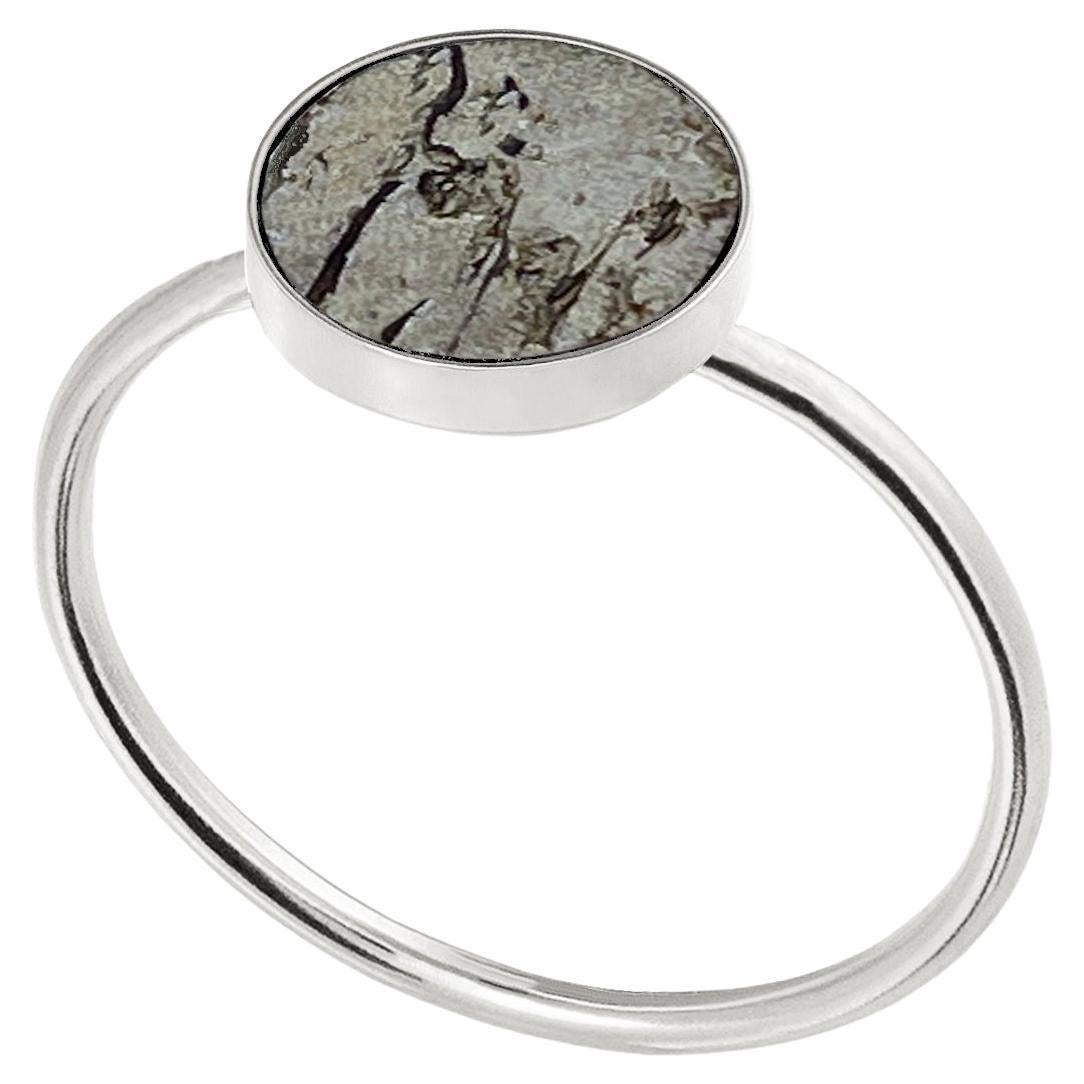 Ring with round meteorite sterling silver size 6.5 For Sale