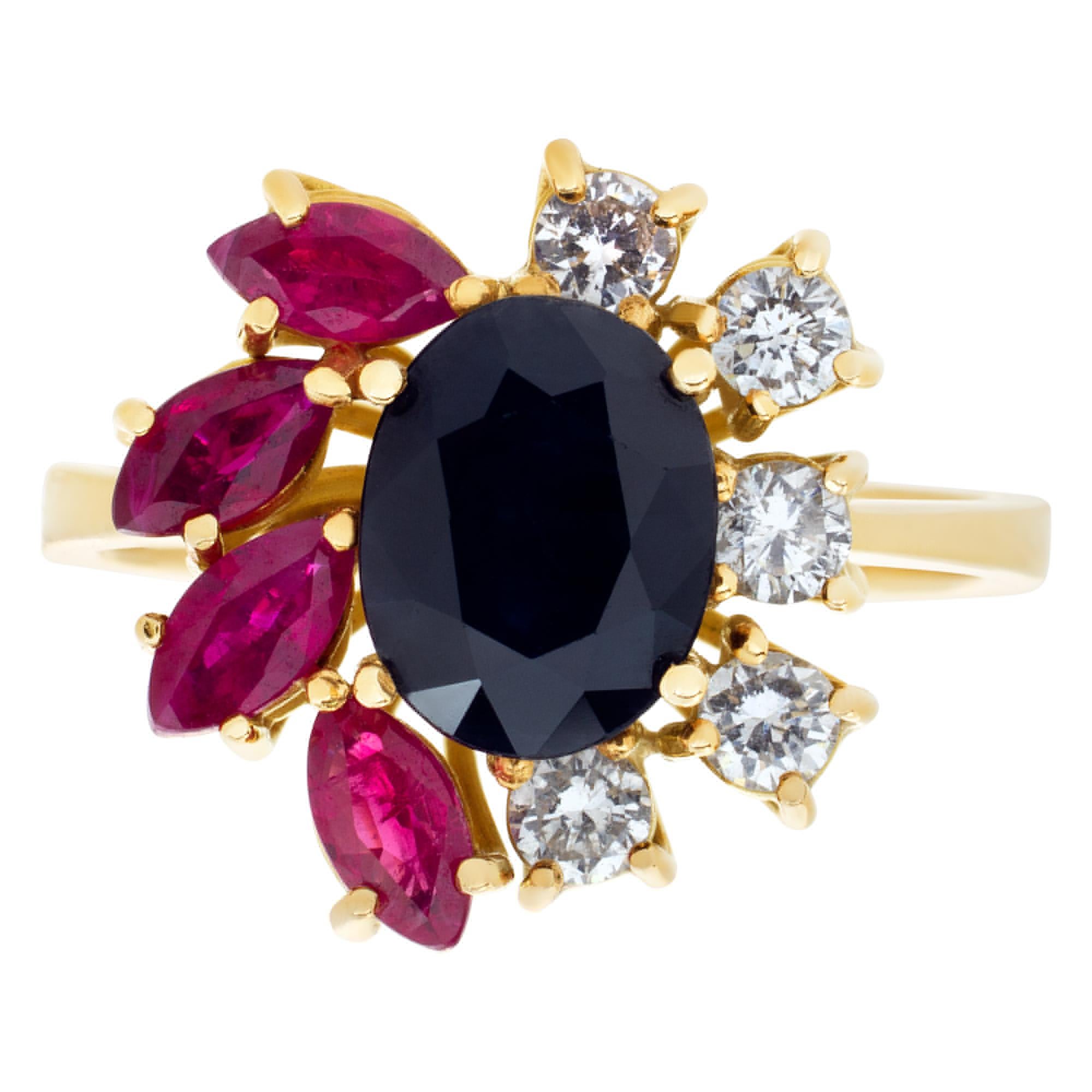 Flower style ring with rubies, sapphires and diamonds in 18k gold. Size 6.25

This Diamond/Sapphire/Ruby ring is currently size 6.25 and some items can be sized up or down, please ask! It weighs 3 pennyweights and is Gold.