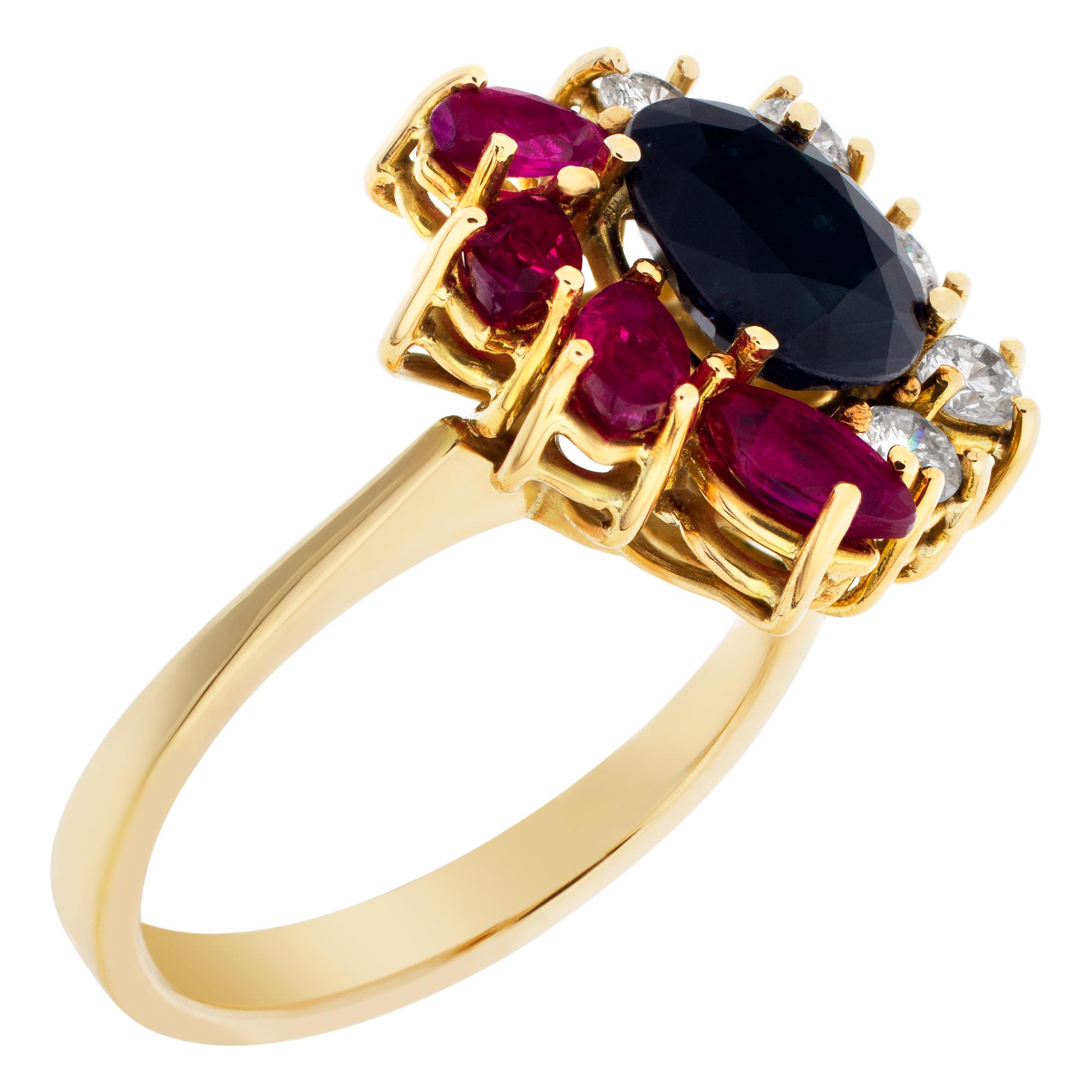 Women's Ring with Rubies, Sapphires and Diamonds in 18k Gold, Flower Style For Sale