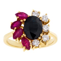 Vintage Ring with Rubies, Sapphires and Diamonds in 18k Gold, Flower Style