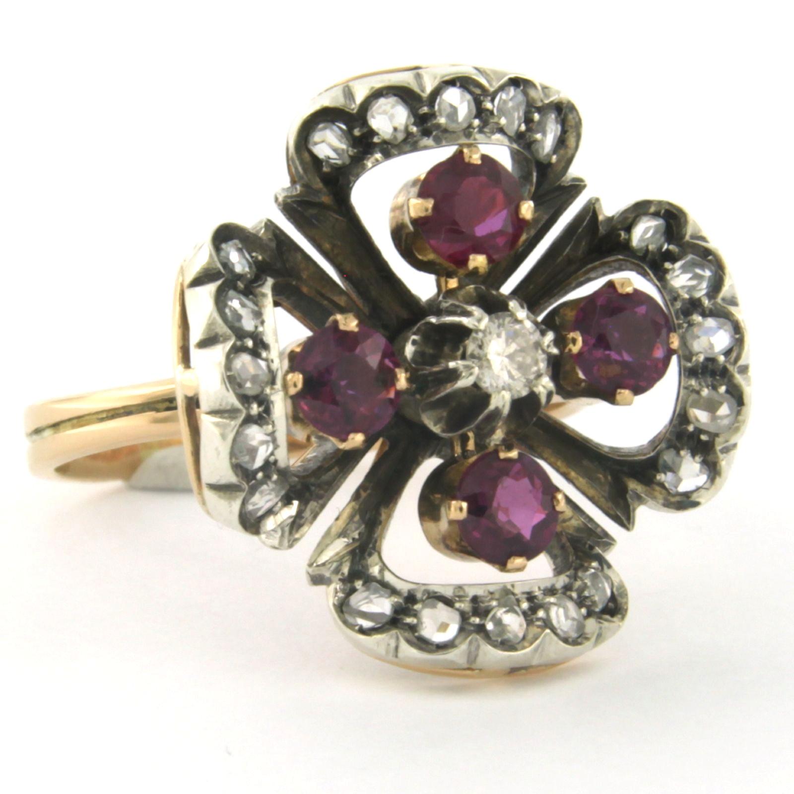Primo vittoriano Anello con rubino e diamanti brillanti e rosa fino a 0,30 carati in oro e argento 18 carati in vendita