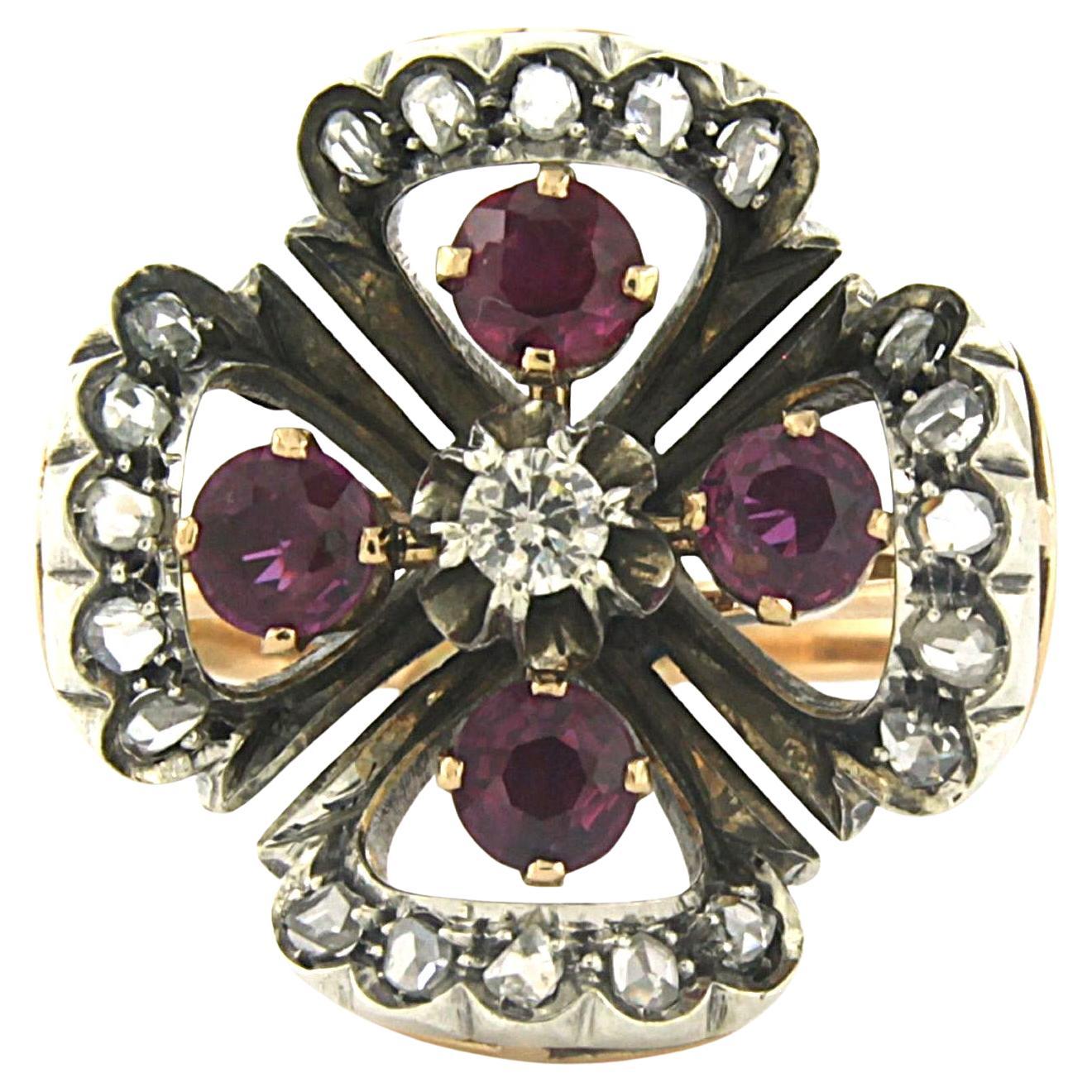 Bague avec rubis et diamants brillants et roses jusqu'à 0,30ct Or 18k et argent en vente