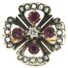Ring with ruby and brilliant and rose diamonds up to 0.30ct 18k gold and silver