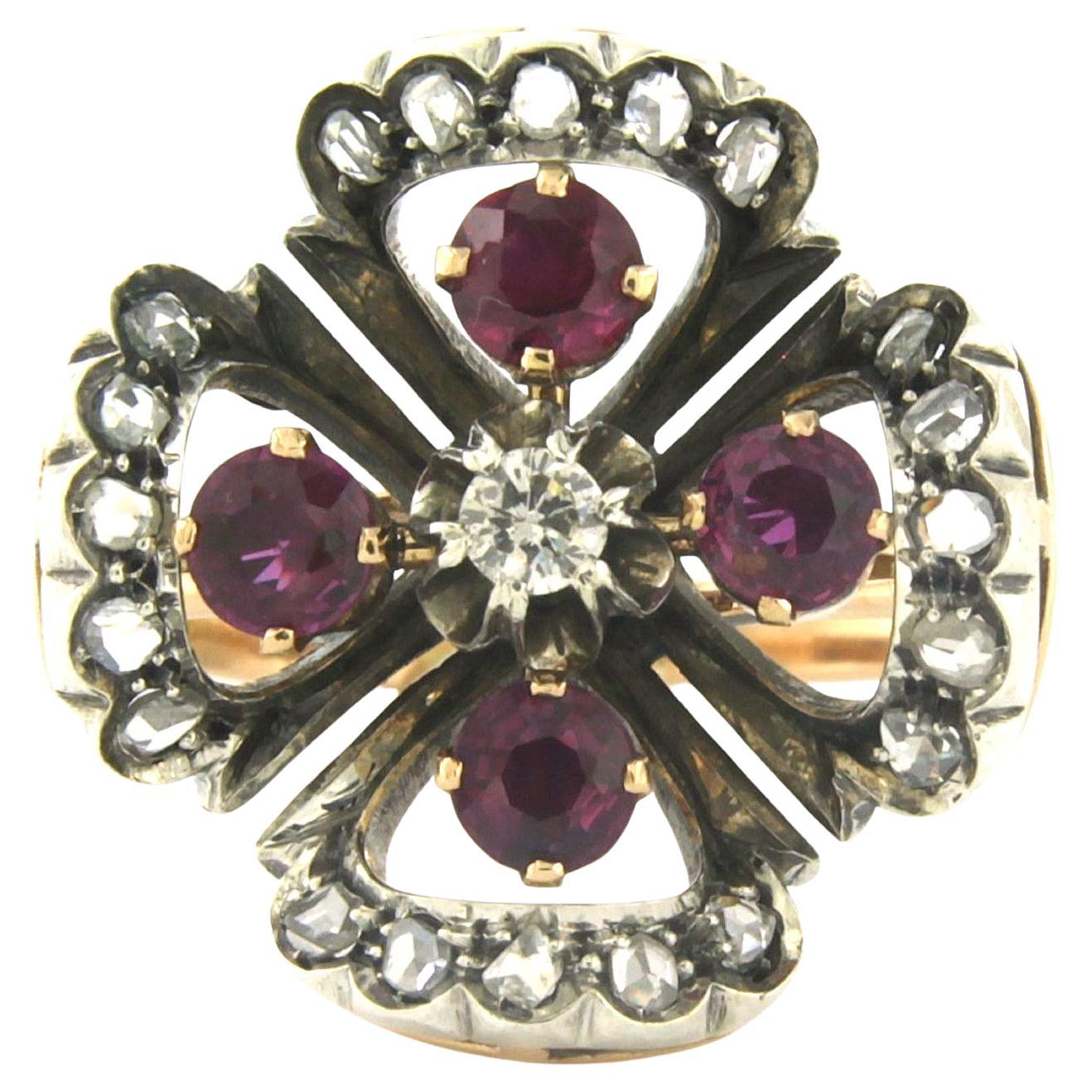 Anello con rubino e diamanti brillanti e rosa fino a 0,30 carati in oro e argento 18 carati in vendita