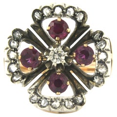 Ring with ruby and brilliant and rose diamonds up to 0.30ct 18k gold and silver