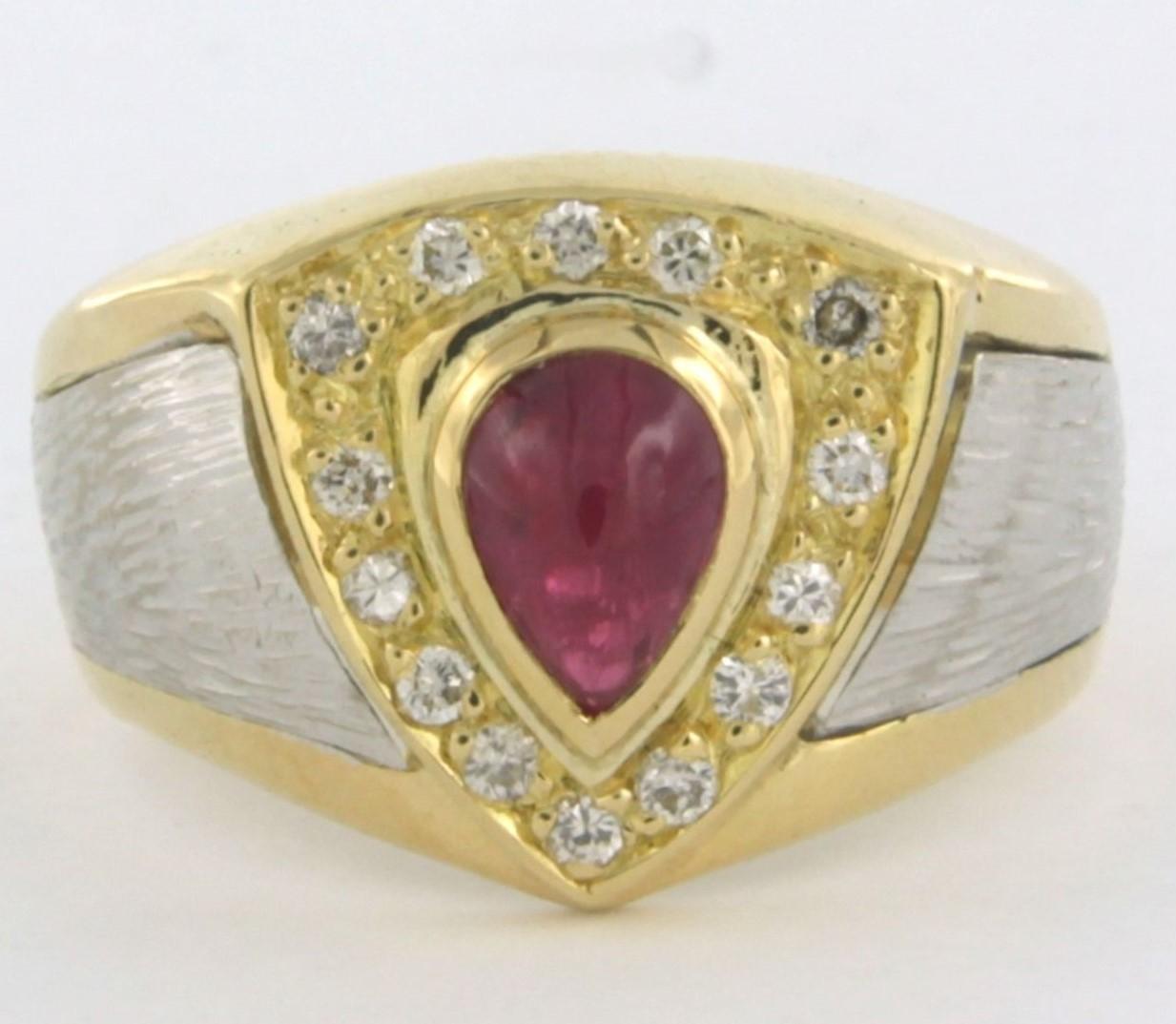 Modern Ring with ruby and brilliant cut diamonds up to 0.21ct 14k bicolour gold For Sale