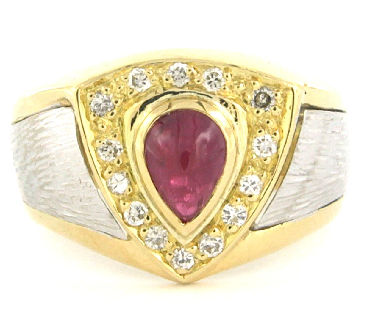 Ring with ruby and brilliant cut diamonds up to 0.21ct 14k bicolour gold