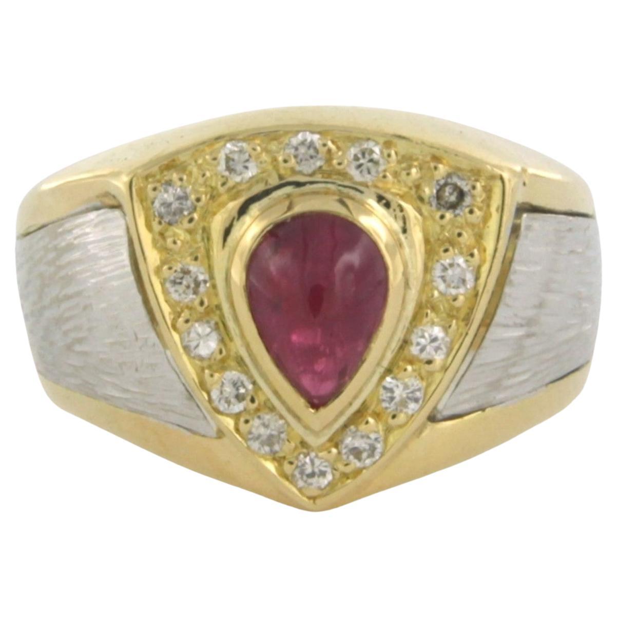 Ring with ruby and brilliant cut diamonds up to 0.21ct 14k bicolour gold For Sale