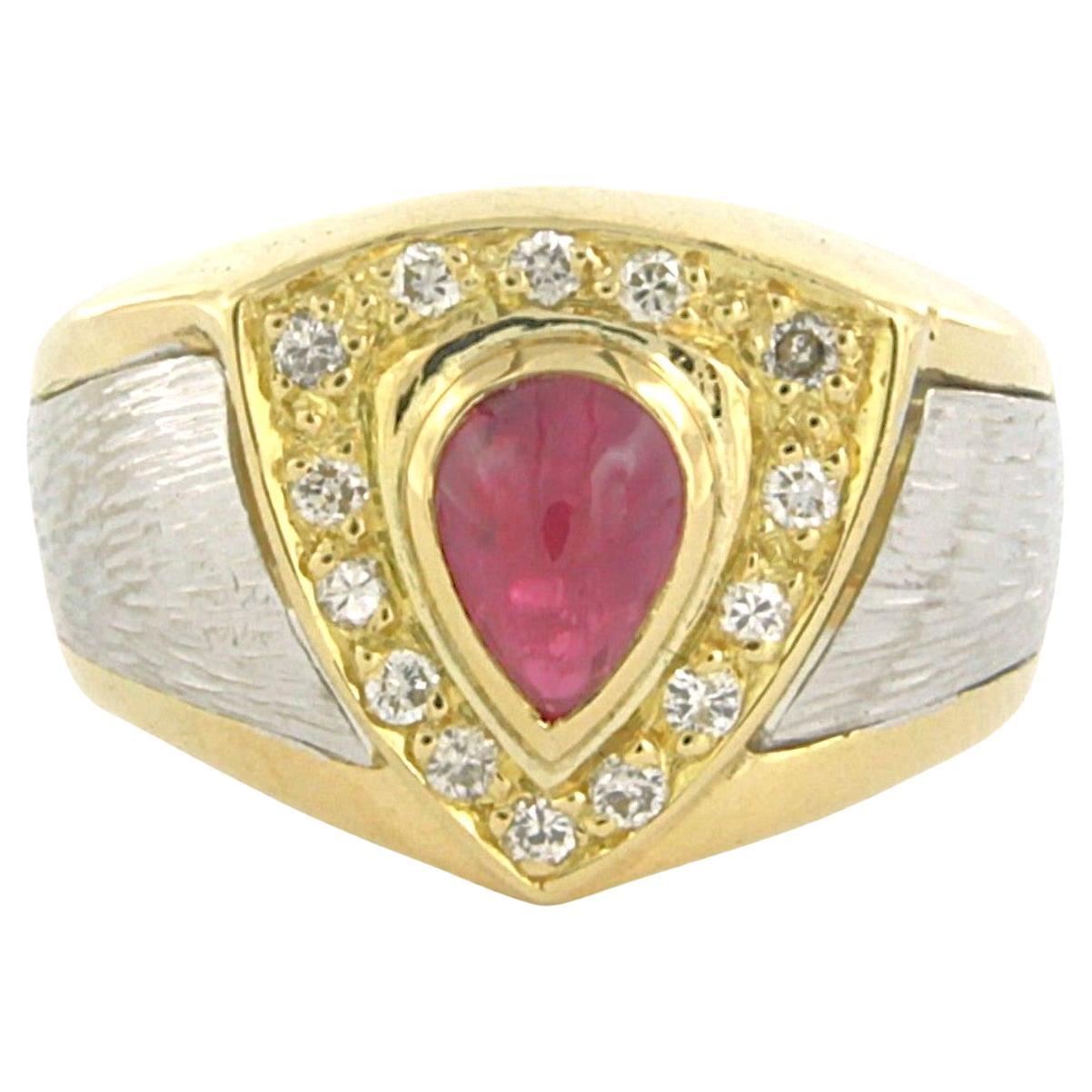Ring with ruby and brilliant cut diamonds up to 0.21ct 14k gold 6.1 grams For Sale