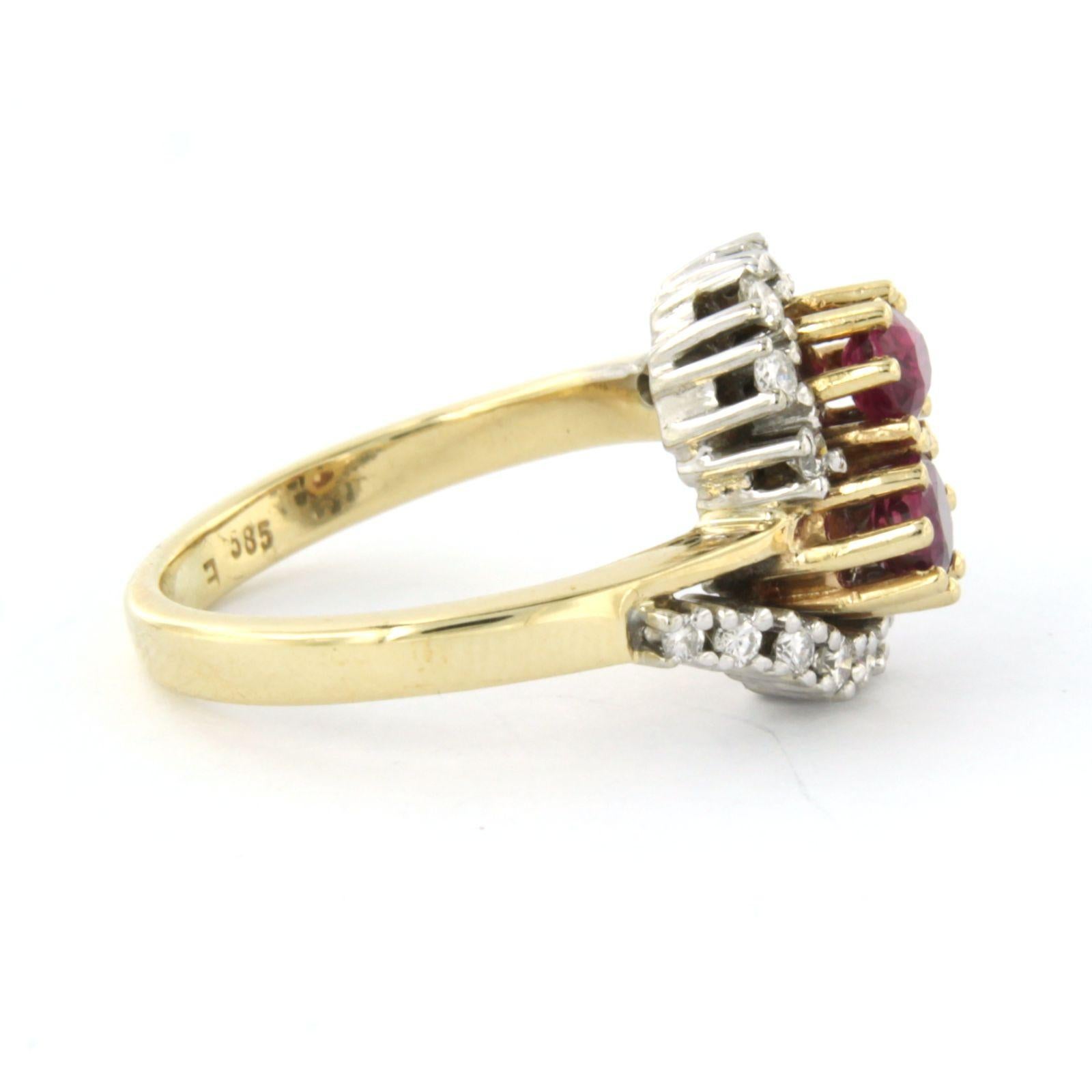 14k two-tone gold ring set with a ruby and a brilliant-cut diamond up to 0.30 ct - F/G - VS/SI - ring size US 7.25 - EU 17.5 (55)

Detailed description

The top of the ring is 1.4 cm wide.

Ring size US 7.25 - EU 17.5 (55). The ring can be enlarged